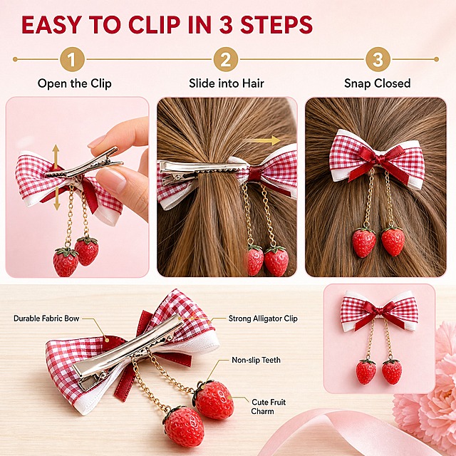 [主图-6] 商品名称 8 Pcs Red Gingham Bow Hair Clips with Cherry & Strawberry Charms, Lace Ribbon Hair Accessories。唯一任务：佩戴步骤与鳄鱼夹结构说明图。
[统一基调] 背景主色柔粉奶白到浅粉，主标题统一现代几何无衬线粗体深樱桃红，辅助文字同族无衬线中黑深灰，强调色浅金与纯白，组件统一白色半透明圆角卡片配浅粉细描边与浅金细引线，全套只用这一套字体与色阶。
[画面] 浅木色桌面配柔粉背景，横向排列 3 个步骤区，用浅金细引导线与浅金圆形数字 1 2 3 串联，版式为步骤流程加动作局部，与前五张骨架均不同。步骤 1 标注 Open the Clip，画面为白皙的欧美女性手部拇指与食指轻压银色鳄鱼夹尾端使夹口张开的近景局部，手部姿势自然简洁；步骤 2 标注 Slide into Hair，画面为夹口沿发丝方向滑入一束蜜糖金棕色头发的局部，能清晰看到夹齿与发丝的真实接触与遮挡关系；步骤 3 标注 Snap Closed，画面为松开后夹口闭合固定的完成状态，发夹稳固贴合发束，金色链条与草莓吊坠自然下垂，旁边配一个该步产品状态的方形小图。产品外观、结构、材质、颜色与输入图完全一致，格纹布纹与红色缎带结清晰，链条不打结不穿模。
[光影质感] 柔和棚拍光，主光来自右上方，产品有细腻高光与真实接触影，发丝质感自然。
[配色] 沿用统一基调，浅木加浅粉作环境色。
[文字版式] 左上主标题英文 EASY TO CLIP IN 3 STEPS，步骤名统一小一号深灰，与整套同一字体外观仅字号层级不同。
[输出要求] 1:1 方形 2048x2048，步骤关系清楚，文字清晰。负向：多余手指、畸形手、融合手指、产品变形、错误夹持结构、中文文字、水印、平台 Logo、杂乱背景。