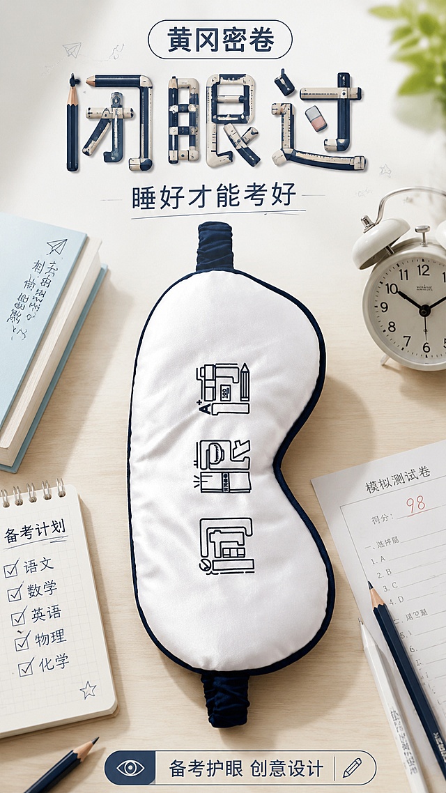 [第1屏] 详情页头图海报，展示黄冈密卷·闭眼过眼罩全貌。本屏使用【图1】作为商品主体，字体采用铅笔、尺子、圆规、橡皮等文具元素重构"闭眼过"口号。氛围风格：清新学生风，书桌场景，备考氛围感，商业摄影质感，清晰明亮。元素布局：产品主体居中，占比约65%，背景是浅色简约书桌，左上角添加标题区，底部信息条点缀，保留眼罩整体造型、轮廓和"闭眼过"文字设计不变。光影质感：上方柔和主光，底部自然阴影，整体明暗均匀，面料质感清晰。配色色系：全局底色 #F5F7FA，主色藏蓝 + 米白，辅助色浅木色桌面。视角构图：正面平视，产品为视觉中心，阅读动线从上到下。文字版式：顶部主标题"黄冈密卷 闭眼过"，副标题"睡好才能考好"，主标题字体融入文具元素，副标题无衬线字体，底部信息条"备考护眼 创意设计"，文字不遮挡主体，清晰易读。比例分辨率：9:16 竖版比例，4K分辨率，文字清晰可辨，高清画质。负向提示词：产品变形，缺件错件，颜色偏差，水印，文字错乱，产品图模糊，背景杂乱