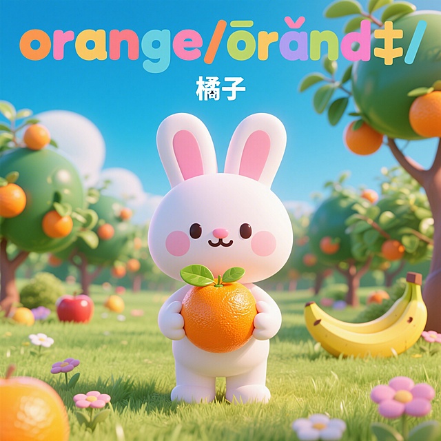 角色：3D卡通小兔（粉白配色，圆滚滚，表情可爱，全程出镜，动作贴合场景）背景：3D彩色果园背景（草地、果树、小花朵，色调明亮柔和，所有图片背景统一，不添加多余杂物）图片要求：高清、3D质感清晰，水果色彩鲜艳、细节到位（如苹果光泽、香蕉纹理），字体为彩色卡通字体，大小适中、清晰易读，整体风格统一可爱。3D卡通小兔站在果园背景中，双手捧着1个3D橙橘子，橘子颜色鲜亮、带2片绿叶，可轻微晃动角度，表面有自然肌理，小兔表情温柔，贴合水果主题。上方文字：“orange /ˈɒrɪndʒ/” 下方文字：“橘子”