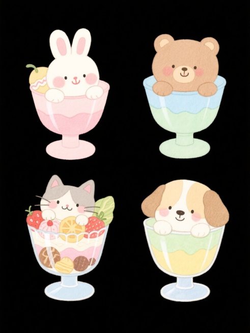 一系列4个水彩风格插画，每个插画中都有一个不同的可爱小动物（第一幅是兔子，第二幅是小熊，第三幅是小猫，第四幅是小狗），它们都趴在一个装满不同甜点和水果的玻璃甜品杯上，每个小动物都有腮红和微笑的表情，背景为纯色（每个插画背景颜色不同，分别为浅粉色、浅蓝色、浅绿色、浅黄色），整体色彩柔和，线条细腻，画面温馨可爱，4个插画规整地排列在一起形成一个集合。预览效果