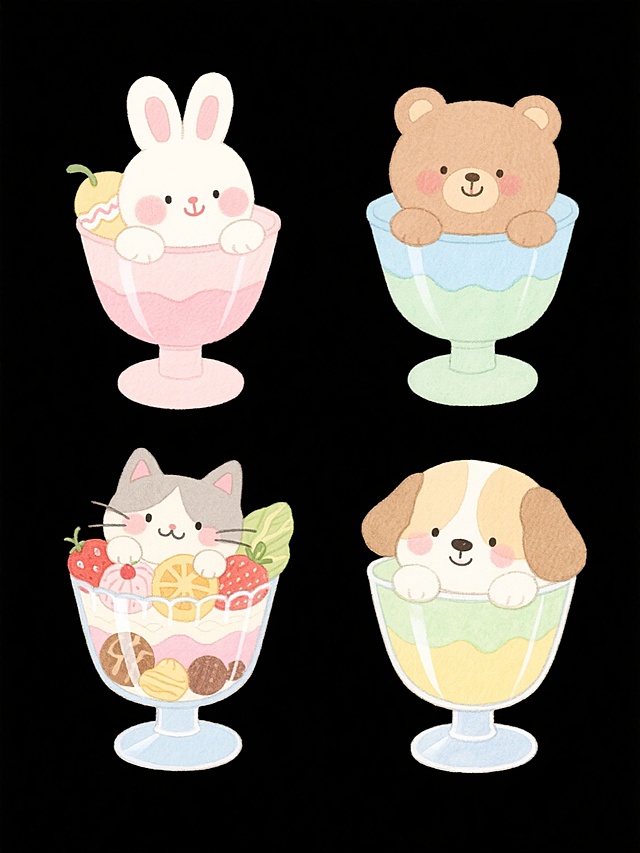 一系列4个水彩风格插画，每个插画中都有一个不同的可爱小动物（第一幅是兔子，第二幅是小熊，第三幅是小猫，第四幅是小狗），它们都趴在一个装满不同甜点和水果的玻璃甜品杯上，每个小动物都有腮红和微笑的表情，背景为纯色（每个插画背景颜色不同，分别为浅粉色、浅蓝色、浅绿色、浅黄色），整体色彩柔和，线条细腻，画面温馨可爱，4个插画规整地排列在一起形成一个集合。
