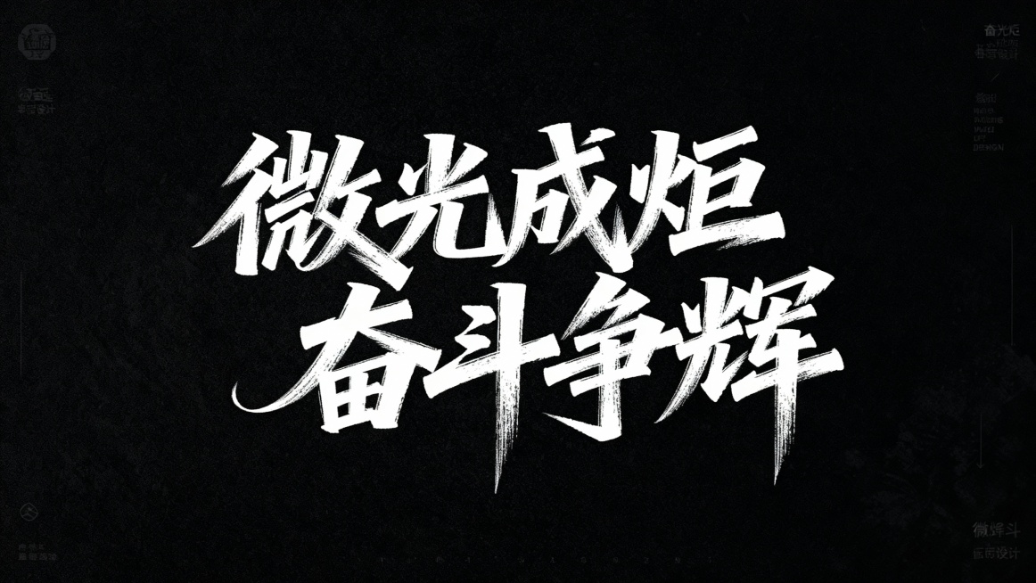 文艺手写字体“微光成炬  奋斗争辉”艺术字体设计，极强的艺术写作风格。视觉震撼，笔画增加水墨笔刷效果，笔画巧妙延长设计变形，黑底白字。预览效果