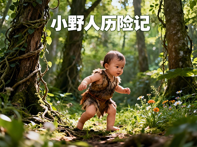 加上文案“小野人历险记“
