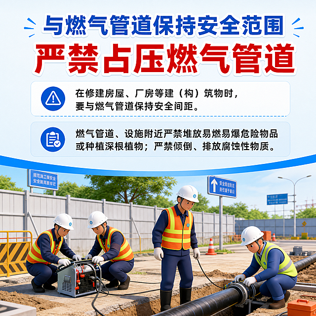 保持[image1]的图文排版模板不变，文案在上，图片在下。替换文字内容为：
与燃气管道保持安全范围  **严禁占压燃气管道**。
在修建房屋、厂房等建（构）筑物时，要与燃气管道保持安全间距。
燃气管道、设施附近严禁堆放易燃易爆危险物品或种植深根植物；严禁倾倒、排放腐蚀性物质。
将标题「严禁占压燃气管道」加粗红色突出展示，替换底部图片为[image2]的施工图片