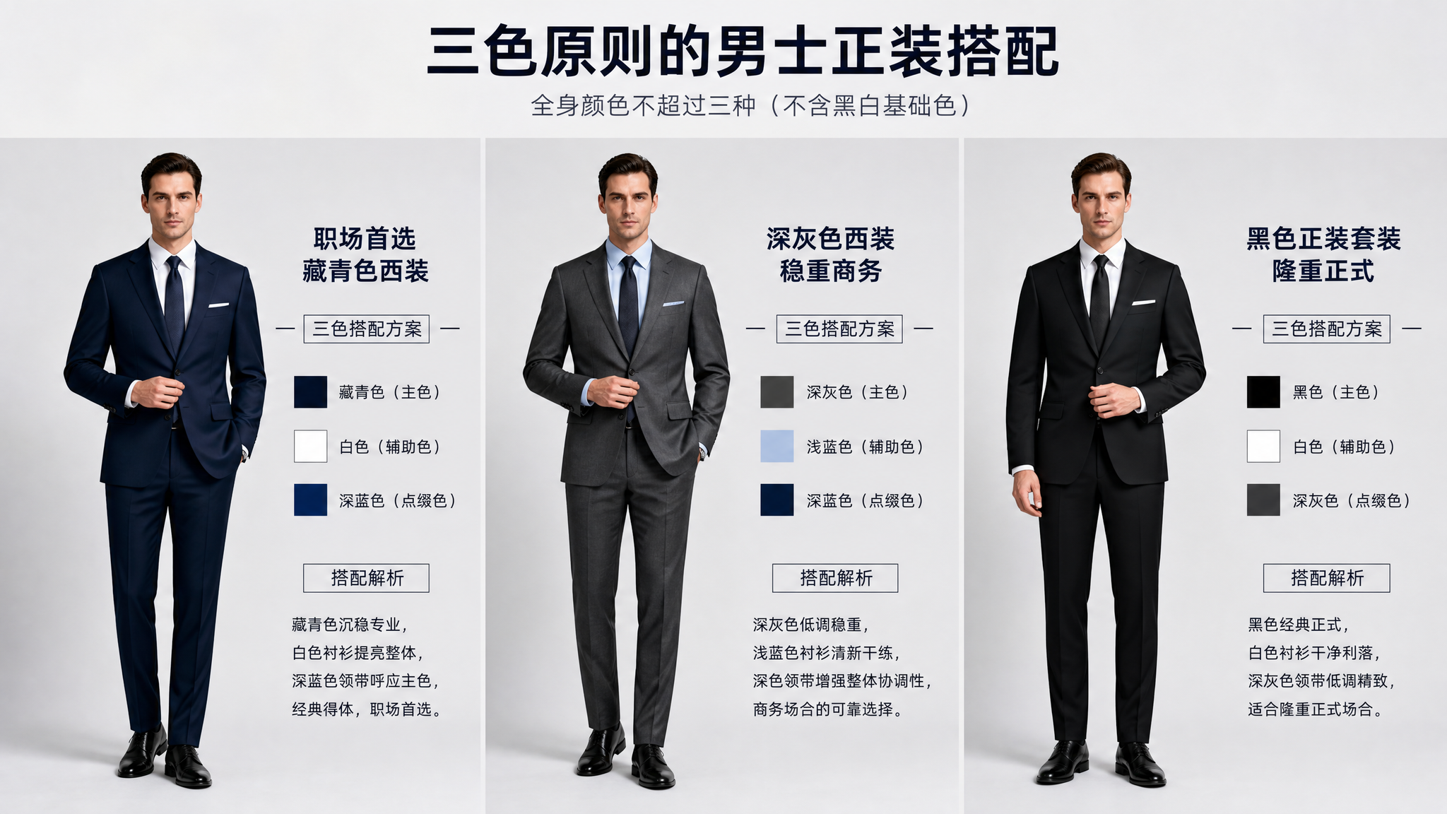 一张图展示多套符合三色原则的男士正装搭配：左侧主图是职场首选藏… - 图片创意预览
