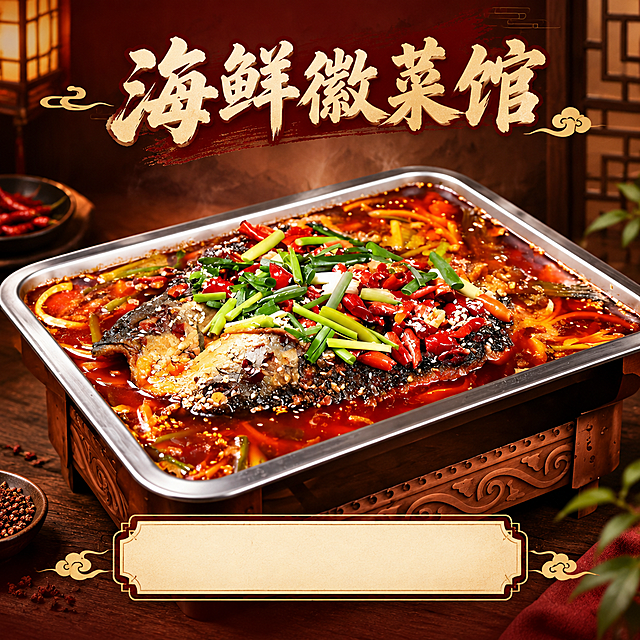 基于上传的菜品图片，制作一张正方形中式餐饮海报。画面顶部居中放置主标题"海鲜徽菜馆"，字体为大气的中式书法风格，深棕色或暗红色。画面中央为菜品主体，保持原图菜品的完整外形、色泽、质感和摆盘，菜品占画面约55%~65%。菜品下方预留一块清晰的菜名填写区域，区域内为空白或浅色底，便于后续填写菜名。背景为暖色调的中式餐饮风格，深棕色或暗红色渐变背景，带有淡淡的中式纹理或木质纹理，营造食欲感和高端餐饮氛围。整体风格：精致商业摄影质感，暖光侧前方打光，突出菜品的新鲜诱人色泽，画面干净有层次。版式精美，四周留足安全边距，文字不遮挡菜品主体。画面比例1:1正方形。
