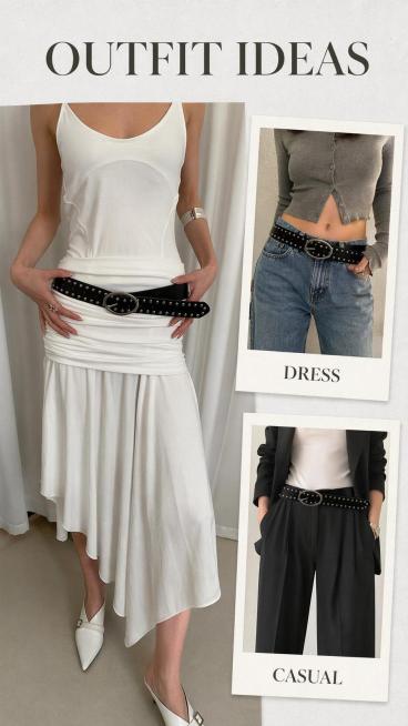 [第5屏] 搭配灵感页 - Y2K Retro Bohemian Rivet Belt. 本屏使用【图1】商品，展示不同穿搭效果
[氛围/风格] 穿搭灵感风，真实生活场景，多样化搭配展示，符合跨境电商预览效果