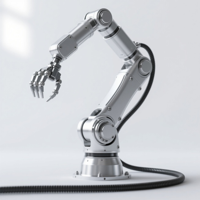 高精度3D渲染的工业机械臂，主体为银白色金属材质，表面光滑带有细腻的金属反光质感，关节处有精密的螺栓和旋转轴设计，机械臂末端为多爪式夹持器，黑色电缆从底座延伸至各关节，整体呈现出流畅的弯曲工作姿态，结构细节清晰可见，背景为纯白色，光线从左上方照射形成柔和的明暗对比，突出机械臂的立体感和科技感，具有强烈的工业设计美学和未来感。预览效果