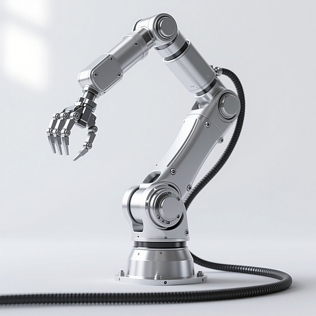 高精度3D渲染的工业机械臂，主体为银白色金属材质，表面光滑带有细腻的金属反光质感，关节处有精密的螺栓和旋转轴设计，机械臂末端为多爪式夹持器，黑色电缆从底座延伸至各关节，整体呈现出流畅的弯曲工作姿态，结构细节清晰可见，背景为纯白色，光线从左上方照射形成柔和的明暗对比，突出机械臂的立体感和科技感，具有强烈的工业设计美学和未来感。