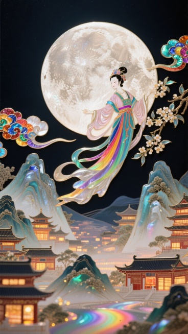 纸雕艺术 | 嫦娥奔月，散落桂花。一轮巨大的圆月为占据画面中心的特写，底部以工笔风格呈现出全景的山峦叠嶂间呈现古今建筑里万家灯火渐变温暖的光影，祥云装饰，预览效果