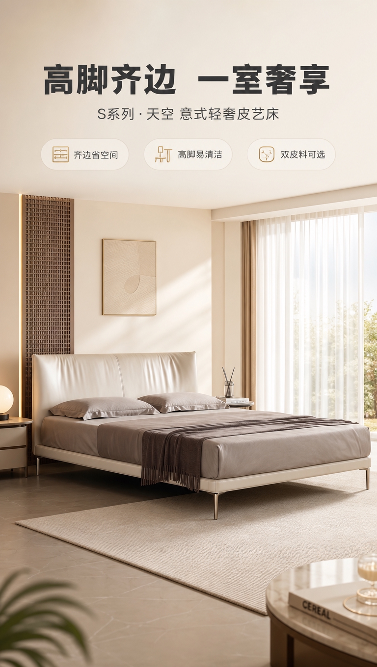 [商品] 使用【图1】S系列天空高脚齐边皮艺床；保留床头软包造… - 图片创意预览