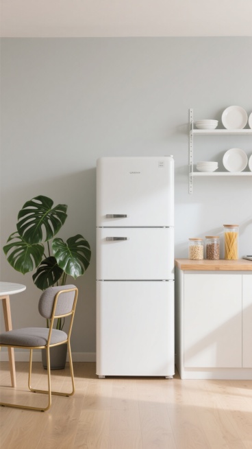 白色双门冰箱保持原形态，放置于明亮的现代简约风格厨房中，背景为浅灰色墙面，地面是浅色木质地板。冰箱右侧是原木色台面的厨房操作台，台面上摆放着透明玻璃罐，里面装有杂粮和意面。操作台上方墙面安装着白色金属置物架，架上放置白色陶瓷碗碟。冰箱左侧有一株绿色龟背竹植物，旁边配有一把金色金属框架、灰色坐垫的餐椅，整体画面光线柔和，营造出干净整洁、温馨舒适的居家氛围。预览效果