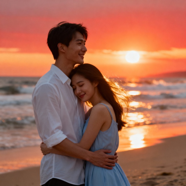 帮我生成20个写实风格的甜蜜浪漫主题的情侣照片，背景包括海边日落、蓝天绿地、室内温馨场景与黑白漫画等多种风格，情侣们或相拥、比心、亲吻、对视互动，整体色调丰富多变，洋溢着温暖幸福的氛围，呈现多样化的浪预览效果