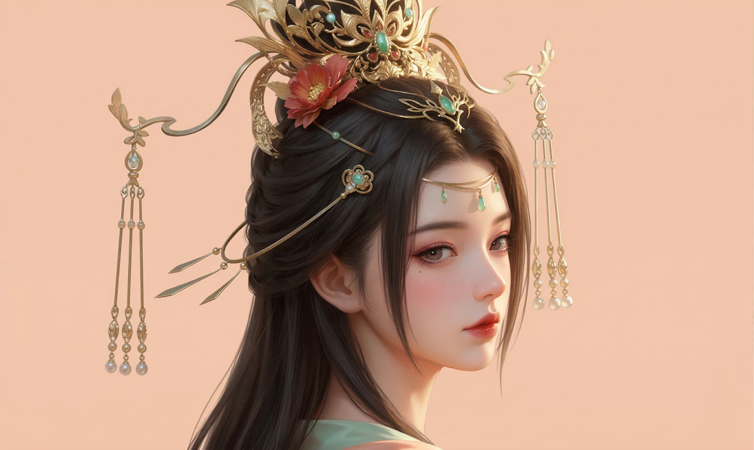 游戏美女cg风格，人物头部特写，人物参考提供的图2，侧脸回头，背景是纯色预览效果