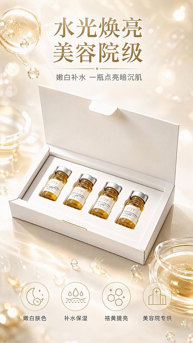 [第1张] 详情页头图主视觉-水光精华液套盒新品宣传海报。本张使用【图1】作为商品主体。
[氛围/风格] 高级轻奢美容院线风格，水光通透，金色光晕，商业摄影质感，色彩光亮高级。
[元素布局] 白色精华液套盒打开置于画面中央偏下，占比约55%，盒内4支金色安瓶精华清晰可见，瓶身标签与输入图一致；背景为米白渐变+柔焦光斑，左上漂浮金色水光粒子与精华液滴，右下点缀透明玻璃器皿盛有金色精华液；前景散落细腻水珠与光晕，整体层次丰富。
[光影质感] 左上方柔光主照明，右侧金色轮廓光，瓶身与盒面保留精致高光，底部柔和投影，整体通透明亮有高级感。
[配色色系] 全局底色 #FAF7F2 米白渐变；主色金色#D4AF37、白色；辅助色浅香槟金、暖米色。
[视角构图] 45°斜俯视，产品为视觉中心，阅读动线顶部标题 → 中部产品 → 底部利益icon。
[文字版式] 顶部居中大标题「水光焕亮 美容院级」，副标题「嫩白补水 一瓶点亮暗沉肌」，衬线字体金色渐变；底部排列4个圆形金色描边icon，分别标注「嫩白肤色」「补水保湿」「祛黄提亮」「美容院专供」，文字清晰不遮挡产品。
[比例分辨率] 9:16竖版比例，4K分辨率，文字清晰可辨，高清画质。
[负向提示词] 产品变形，缺件错件，瓶身标签错乱，颜色偏差，水印，文字过小模糊，背景杂乱，优惠信息，价格标签。