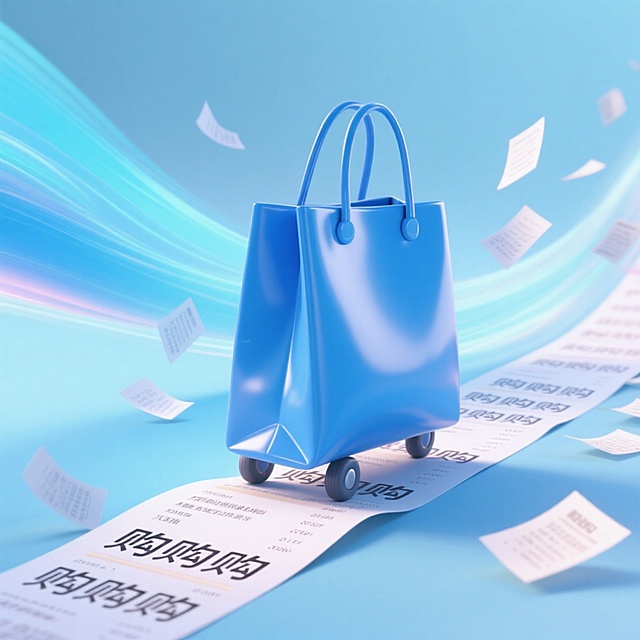 未来感3D风购物袋，塑料质感搭配粒子流光，重拟物设计呈现清爽清透的科技美学，购物清单卷轴延伸，营造动感十足的消费狂欢氛围。