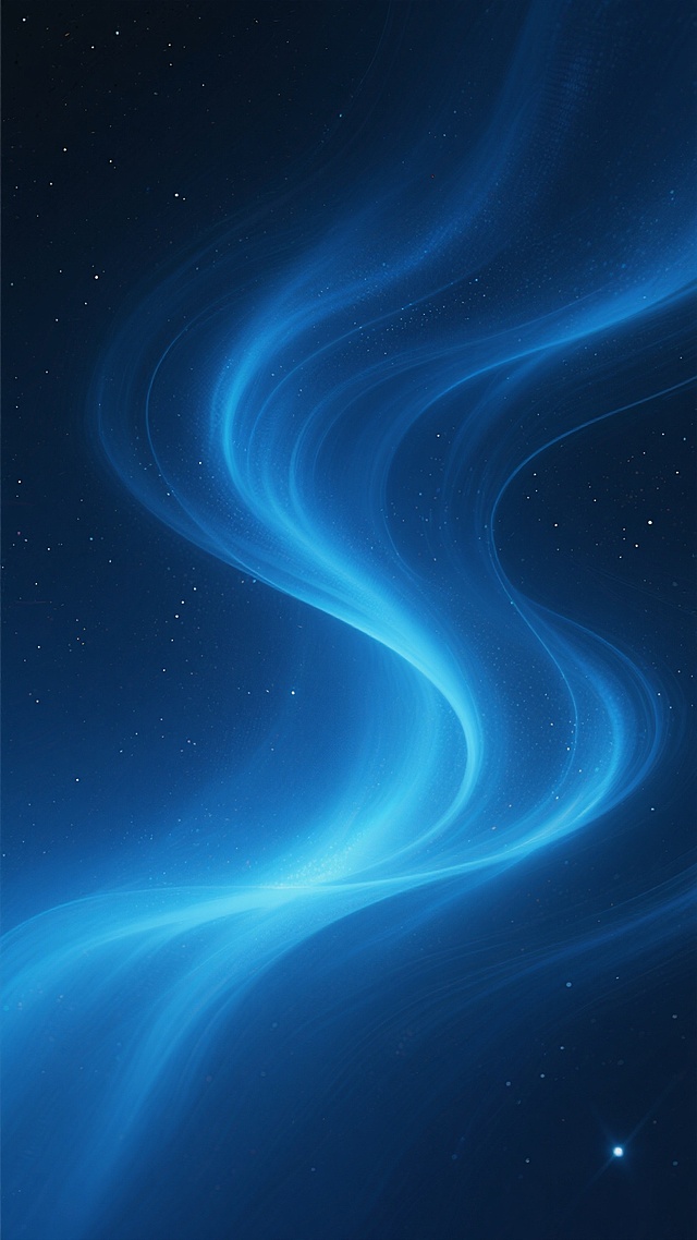 深邃神秘的深蓝色宇宙星云背景，充满流动感的极光线条在暗蓝色天幕中蜿蜒，点缀着细小的星尘颗粒，营造出梦幻而宁静的太空氛围，整体呈现出数字艺术特有的平滑渐变质感，光线从右下角柔和地向上散射，形成层次感丰富的光影效果，画面简洁而富有科技感。