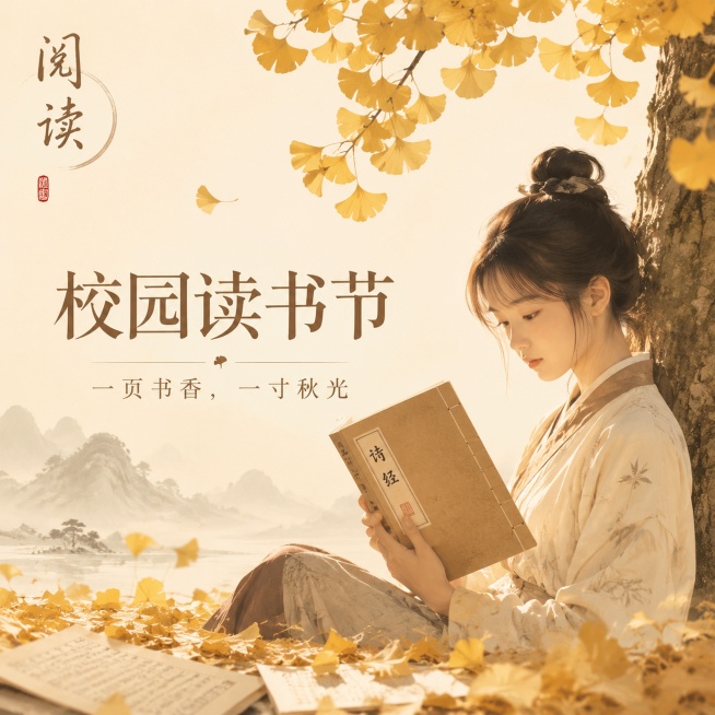 8K超高清商用无版权，方形1:1极简文艺风国风读书节朋友圈配图。整体为暖金暖棕柔和色调，局部特写构图：一位年轻亚洲少女手持线装古籍，倚靠在金黄银杏树干旁，地面散落着泛黄书页与金黄银杏叶。淡墨浅山水做虚预览效果