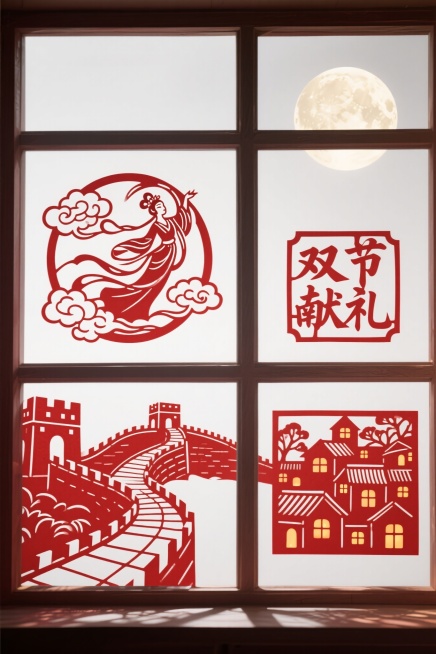 窗外的明月，窗户上贴四个红纸裁剪的方形窗花，窗花一：嫦娥奔月图案，窗花二：万里长城图案，窗花三：“双节献礼”文字，窗花四：万家灯火图案，红色剪纸质感，月光透过窗户洒入，营造温馨节日氛围，高细节，精致工预览效果