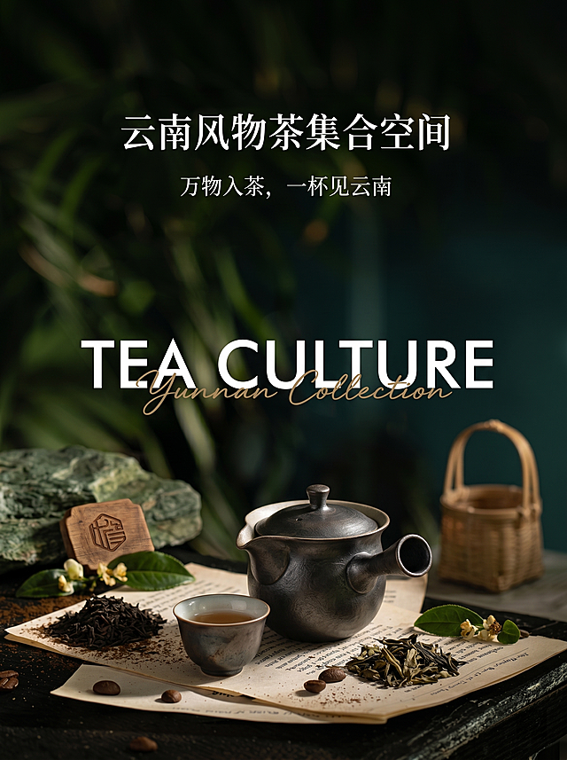 中式感与复古风交织，质朴茶器搭配自然元素，光影斑驳间透出静谧文艺气息，金属质感与木雕细节呼应国潮美学，实景构图展现云南茶文化深邃意境。