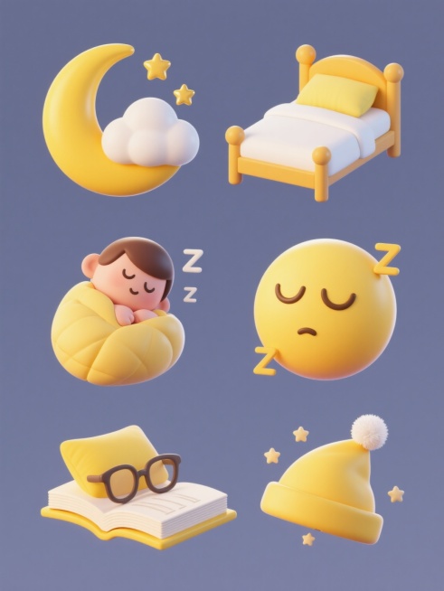 一系列6个完全不同的睡眠主题3D图标，保持统一的C4D风格，具有光滑圆润的造型、柔和的渐变黄色和白色、清晰的边缘高光、轻微的阴影效果，纯色背景。图标包括：1. 黄色弯月旁边依偎着一朵蓬松白云和几颗金色星星；2. 一张铺着白色床单的舒适单人床，床头有一个黄色枕头；3. 一个蜷缩成胎儿姿势睡着的卡通人物，身上盖着黄色小被子；4. 一个闭着眼睛的黄色睡眠表情符号，周围有Z字形的睡眠符号；5. 一本翻……预览效果