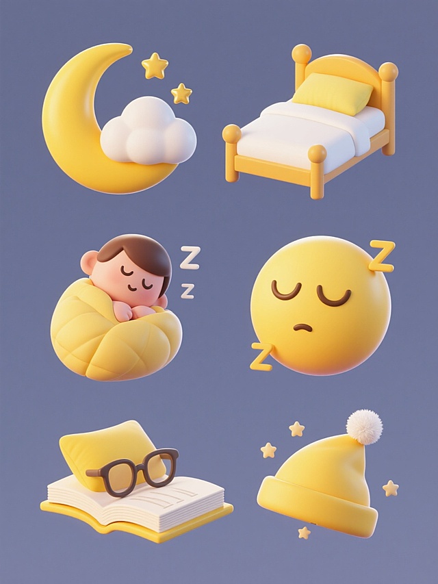 一系列6个完全不同的睡眠主题3D图标，保持统一的C4D风格，具有光滑圆润的造型、柔和的渐变黄色和白色、清晰的边缘高光、轻微的阴影效果，纯色背景。图标包括：1. 黄色弯月旁边依偎着一朵蓬松白云和几颗金色星星；2. 一张铺着白色床单的舒适单人床，床头有一个黄色枕头；3. 一个蜷缩成胎儿姿势睡着的卡通人物，身上盖着黄色小被子；4. 一个闭着眼睛的黄色睡眠表情符号，周围有Z字形的睡眠符号；5. 一本翻开的书放在黄色枕头上，旁边有一副眼镜；6. 一个漂浮的黄色睡帽，帽尖有白色绒球，周围有几颗小星星。所有图标规整排布，视觉风格统一，传达宁静舒适的睡眠氛围。