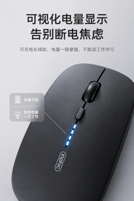 主标题 "可视化电量显示 告别断电焦虑"，副标题 "可充电长续航，电量一眼掌握，不耽误工作学习"，鼠标电量指示灯区域特写，高级极简浅灰色纯色背景，无多余装饰，突出产品功能细节，超薄磨砂机身，机身电量指预览效果