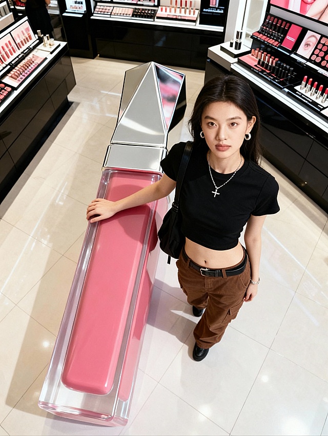超大号唇釉装置，玻璃风与金属风结合，透明感与体积感并存，未来感十足的潮流场景，展现时尚与科技融合的现代美学。