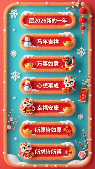 C4d渲染一组冬天标题栏，简约创业立体感多细节，渐变大红色金桔色，纯色标题框背景，各种雪花，雪人，元宝，财神，舞龙舞狮，对联儿，珍珠，梅花，牡丹，等元素点缀边框。 一组共7个排列纯色背景，高清渲染42预览效果