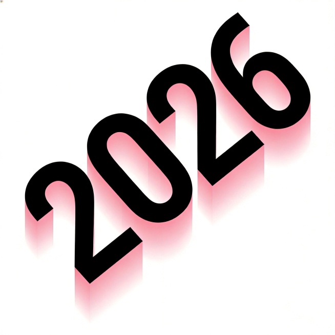 参考图文创字体风格，生成斜立体字 "2026"，干净纯白背景，主体为黑体基础，斜切立体笔画，大弧度半透粉色块拼接构图，文字解构重组为整体图形，整体向右倾斜排列，纯黑色文字，粉色半透明立体叠加效果，文字预览效果
