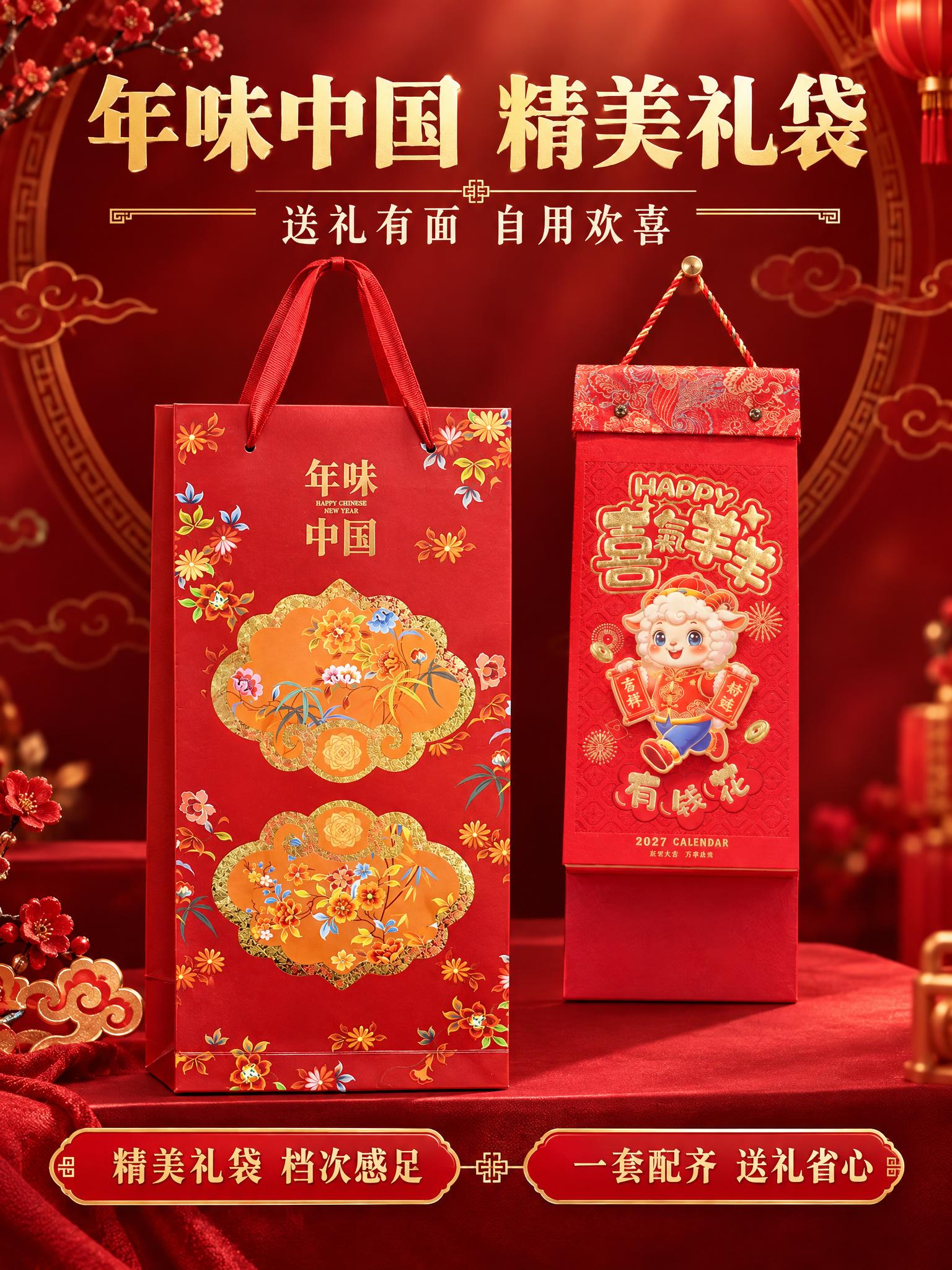 [商品] 使用年味中国礼袋+喜气羊羊款挂历；礼袋保留原图花卉纹… - 图片创意预览