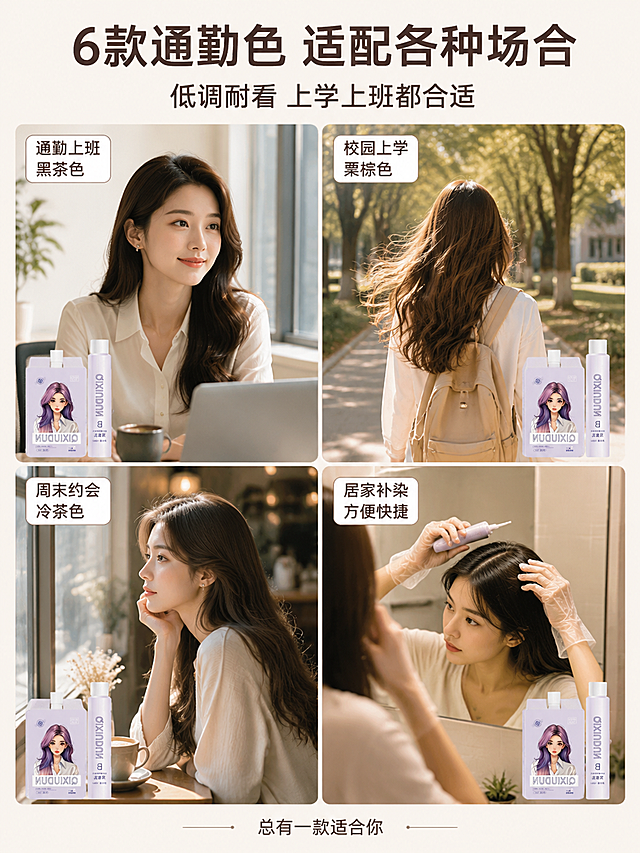 [第7屏] 场景种草屏-多场景适用展示。本屏使用【图1】作为商品主体。
[氛围/风格] 生活场景感 真实自然 种草共鸣 日常氛围感
[元素布局] 画面采用四宫格场景拼图布局 2行2列 四个场景分别是 左上 通勤上班 办公室窗边 一位职场女性（仅肩部以上）有着自然的黑茶色头发 自信微笑 右上 校园上学 校园林荫道 年轻女生背影 栗棕色长发随风飘动 左下 周末约会 咖啡馆窗边 女生侧影 冷茶色头发在暖光下有柔焦感 右下 居家补染 卫生间镜子前 女生自己动手补发根 每个场景都有小尺寸染发膏产品出现 保持外观与输入图一致 四个场景光影风格统一 都是暖调自然光
[光影质感] 整体暖调自然光 每个场景都有柔和的窗光或环境光 光线自然不刻意 人物发丝有自然光泽 场景真实有生活感
[配色色系] 全局底色 #FAF5F0 暖米白 主色暖棕调 辅助色各场景自然环境色 文字色深棕色 #6B5B4F
[视角构图] 2行2列四宫格布局 每格一个独立场景 阅读动线左上→右上→左下→右下 每个场景视角不同 有正面有侧面有背影 丰富多样
[文字版式] 画面顶部居中大标题 写「6款通勤色 适配各种场合」 深棕色最大号粗体 副标题在下方 写「低调耐看 上学上班都合适」 字号约一半 每个场景角落贴小标签 分别写「通勤上班 黑茶色」「校园上学 栗棕色」「周末约会 冷茶色」「居家补染 方便快捷」 标签为圆角矩形 白底深棕字 底部中央小字写「总有一款适合你」 文字清晰可读 不遮挡人物面部
[比例分辨率] 3:4竖版比例 4K分辨率 文字清晰可辨 高清画质
[负向提示词] 变形 水印 文字错乱 文字过小 背景杂乱 电商平台Logo 多余的手 畸形手 人物面部扭曲 五官不对称 换脸