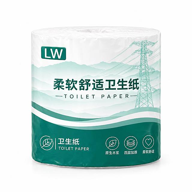 基于参考图中的卷纸包装设计，生成一卷真实的卫生纸卷产品图。卷纸为圆柱形，包装纸完全还原参考图中的设计：绿色调、高压电塔图案、"LW"品牌标识、"柔软舒适卫生纸"和"TOILET PAPER"文字、底部深绿色区域的三个图标（原生木浆、四层加厚、柔软舒适）及"卫生纸 TOILET PAPER"标识。卷纸立放在纯白色背景上，产品摄影风格，光线柔和均匀，细节清晰，真实质感，电商主图效果
