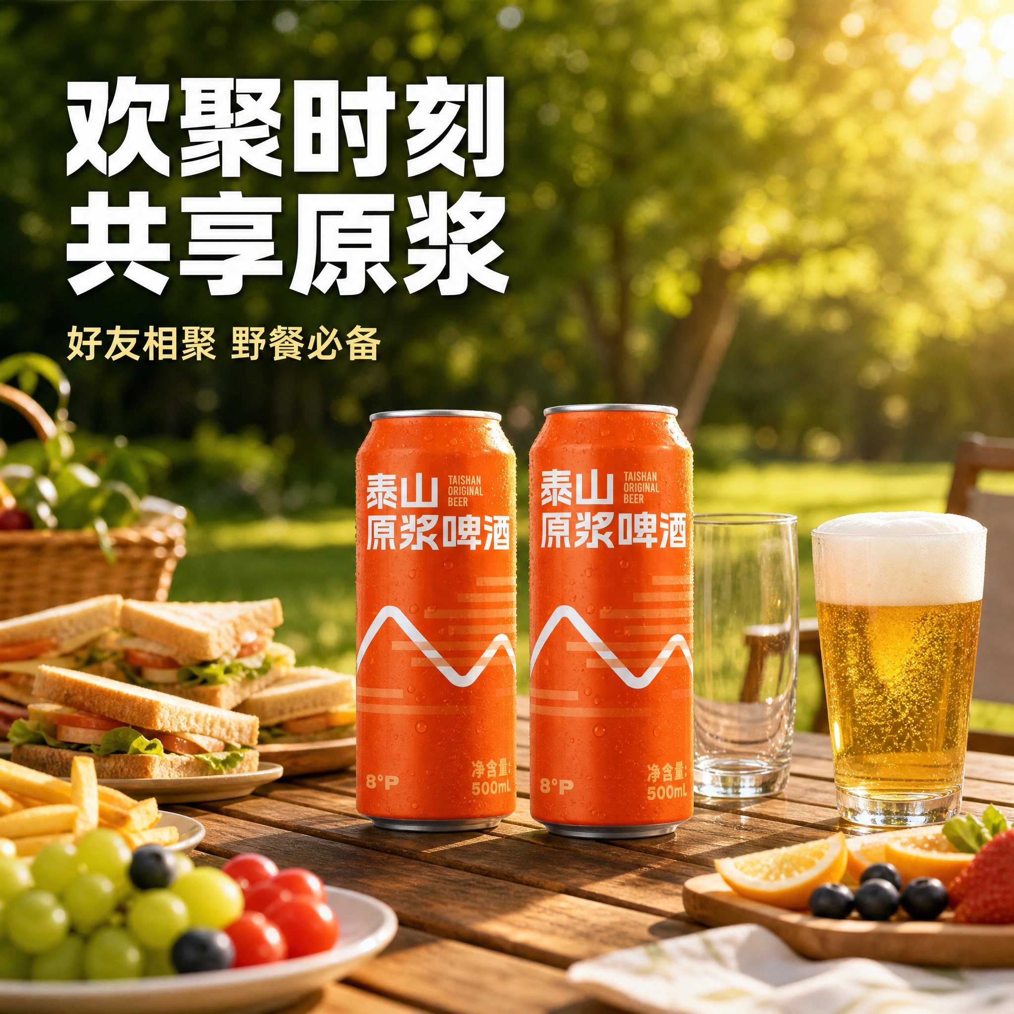 [主图-4] 欢聚场景图，主题为泰山原浆啤酒在户外野餐场景中的… - 图片创意预览