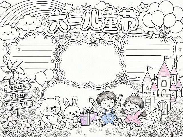 生成这张六一儿童节手抄报的线稿图，保留原构图和所有元素轮廓，去掉填充颜色，只保留黑色线条