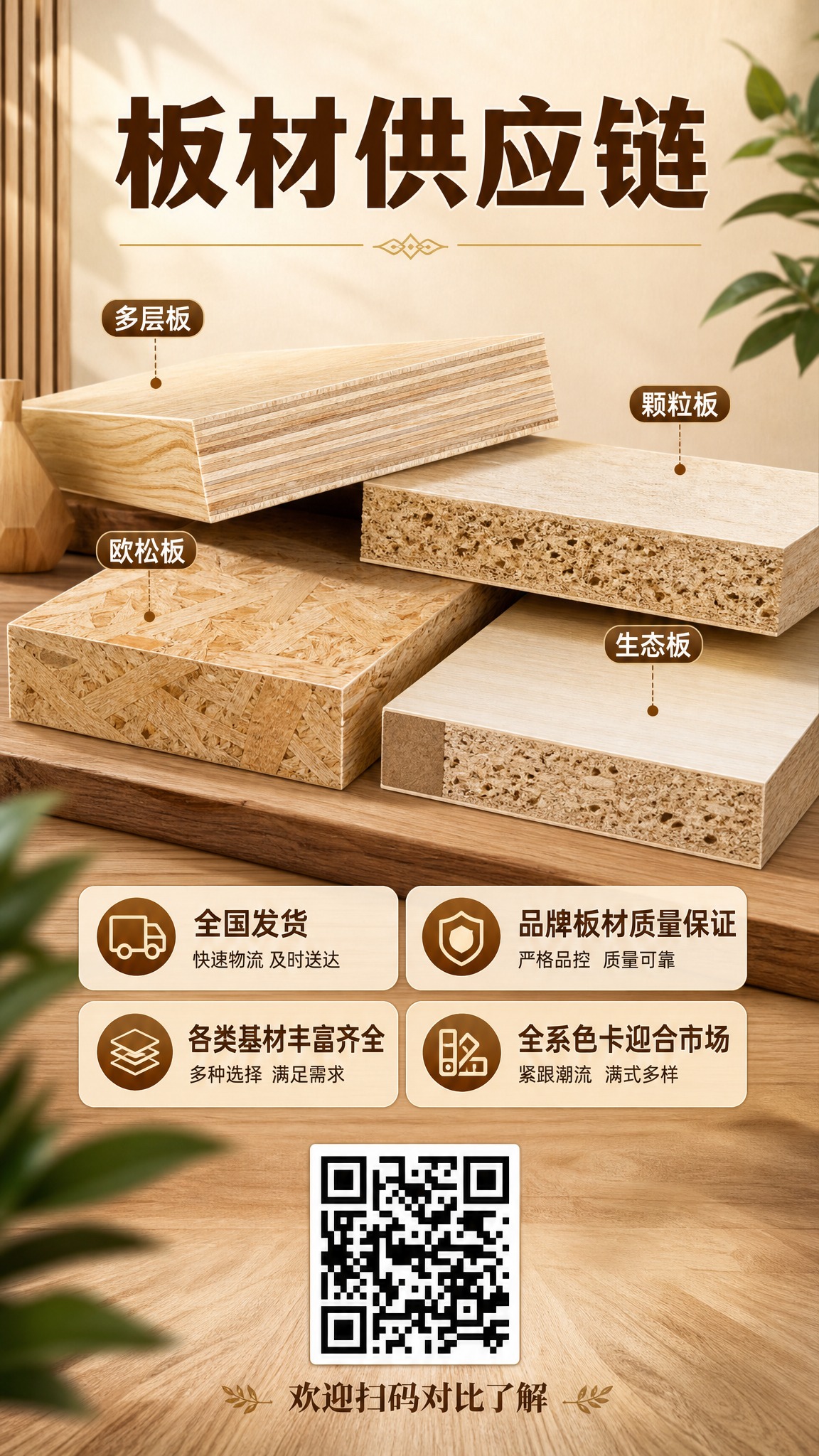 手机竖版9:16全屋定制板材供应链宣传海报，现代简约家居风格，… - 图片创意预览