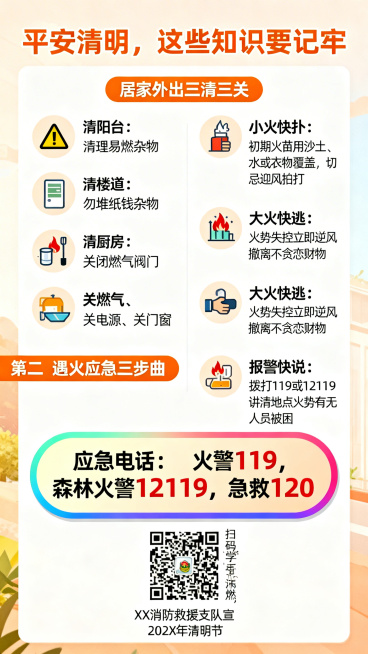 竖版消防安全宣传海报，标题：平安清明，这些知识要记牢，标题颜色为橙色。内容分为两大板块：板块一：居家外出三清三关，配图标，清阳台清理易燃杂物，清楼道勿堆纸钱杂物，清厨房关闭燃气阀门，关燃气、关电源、关预览效果