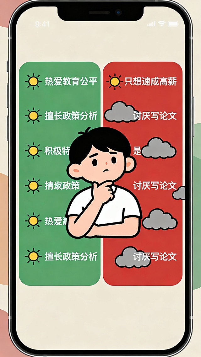 手机屏幕界面风格插画：左侧绿色区域列“热爱教育公平”“擅长政策分析”等积极特质，配小太阳图标；右侧红色区域列“只想速成高薪”“讨厌写论文”等警示项，配灰色云朵。中间是一个卡通人物托腮思考，表情认真但不焦虑，背景为柔和莫兰迪色。
