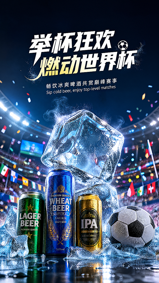 3D重拟物风结合玻璃质感冰块与粒子飞溅，营造热血冲击感，清爽啤酒与世界杯元素碰撞，点燃赛事狂欢氛围。