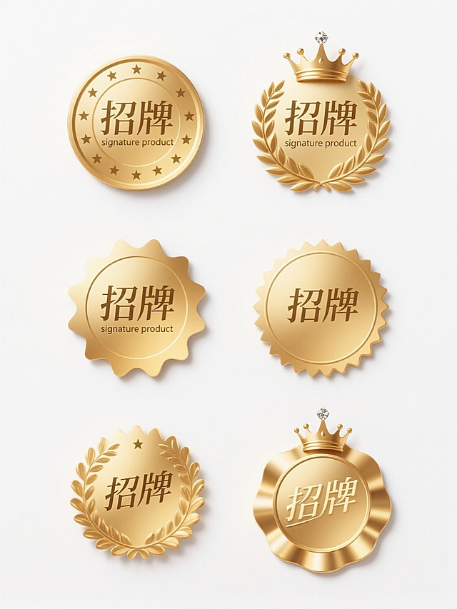 六个金色徽章组成的系列素材集合，每个徽章均保持金色渐变金属质感、圆形轮廓、中心“招牌”汉字与下方“signature product”英文、顶部小皇冠、周围月桂叶纹样的核心元素，在纯白纯色背景上规整排布。第一个徽章为经典对称设计，双层金色圆环，五颗小星均匀分布于上半圆外环；第二个徽章采用单层加宽外环，月桂叶纹样更繁复立体，皇冠尺寸增大；第三个徽章外环呈齿轮状边缘，月桂叶改为橄榄枝造型，文字采用略粗的书法字体；第四个徽章为扁平简约风格，金色无渐变，线条更纤细，外环仅点缀四颗四角星；第五个徽章添加放射状金色光芒背景，文字带有轻微阴影效果，月桂叶呈半环绕状；第六个徽章外环为波浪形，内部“招牌”文字倾斜15度，皇冠顶部镶嵌一颗小钻石造型，整体设计更具动感。所有徽章保持一致的金色主色调与高光阴影处理，确保系列风格统一，在白色背景上整齐排列成两行三列。