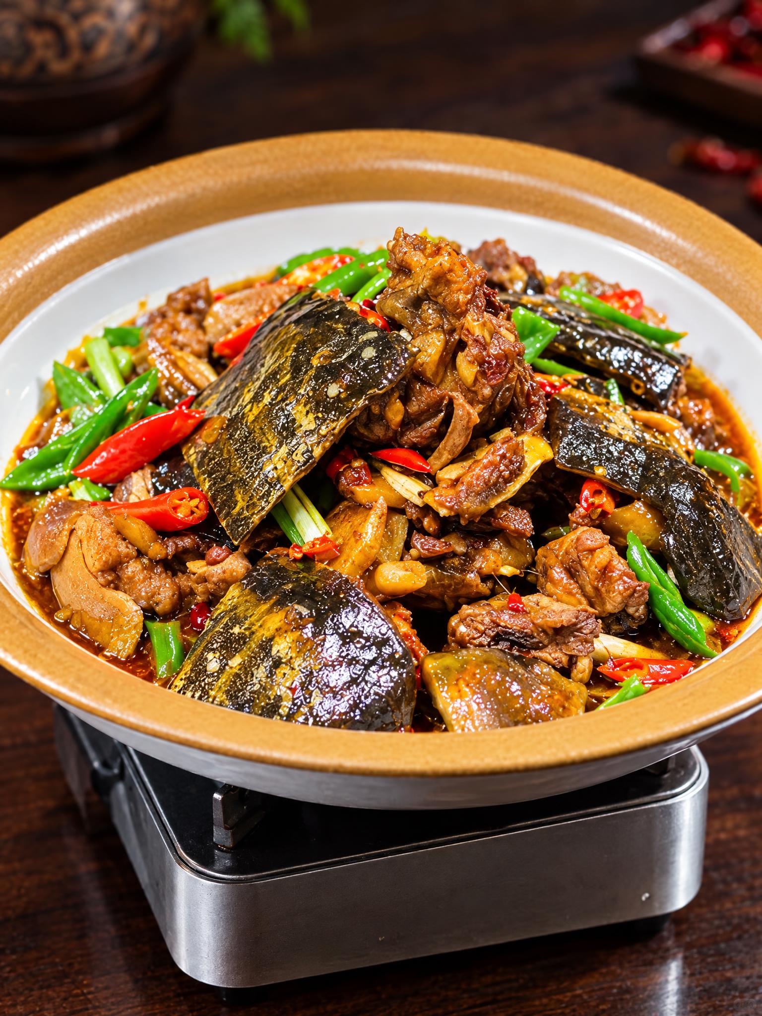 基于参考图中的红烧甲鱼菜品，生成右侧45度斜角角度的美食摄影图… - 图片创意预览
