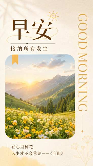 9:16竖版早安日签海报，去掉左上角logo位置，保留参考图的简约文艺排版骨架，整体做差异化创意设计。主标题"早安"，副标题"接纳所有发生"，右侧竖向装饰文字"GOOD MORNING"，中间是圆角风预览效果