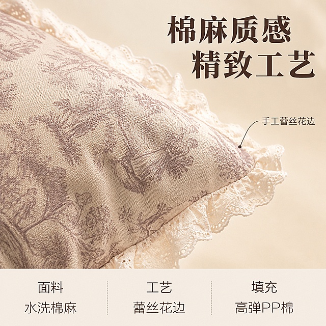 [主图-3] 抱枕面料材质与工艺细节图
[氛围风格] 高级材质透视，温馨暖调自然光
[画质] 商业摄影质感、光线柔和通透、产品清晰真实、画面干净高级
[元素] 米底复古风景款抱枕局部超特写，占据画面大部分区域；左侧放大展示棉麻面料编织纹理与复古风景人物图案细节清晰可见；右侧局部放大蕾丝花边工艺特写，以细线引线指向蕾丝花边位置，标注花边工艺细节；抱枕表面有自然褶皱，体现柔软质感；背景为浅米色渐变背景，干净不抢主体。保持抱枕外观（即物理结构、材质质感、颜色、复古风景图案）与输入产品图保持绝对一致，杜绝任何变形和色差，精细化处理；场景图光影随当前场景调整以融入环境，禁止产品边缘硬切、悬浮感。商品主体占比约75%。
[光影] 侧上方柔和侧光，主光左上方45度，辅光右侧补光；面料纹理有明暗层次，蕾丝花边有通透光感，整体暖调柔和，细节清晰，暗部有层次。
[配色] 主色米白、浅粉紫（图案）；辅色奶油白、浅咖色。
[视角构图] 平视微距特写，面料纹理为视觉中心；景深较浅，焦点在面料纹理上，背景虚化。
[文字版式] 右上叠大字号标题「棉麻质感 精致工艺」，深咖色衬线粗体最大号。底部横排核心参数三列：列一「面料」「水洗棉麻」列二「工艺」「蕾丝花边」列三「填充」「高弹PP棉」，深咖字，现代无衬线。左侧中部细线引线指向蕾丝花边，旁注「手工蕾丝花边」小字标签。
[输出要求] 1:1比例，文字清晰锐利，画面超高清商业摄影质感
[负向提示词] 变形，文字错乱，产品图模糊，背景杂乱，水印，电商平台Logo