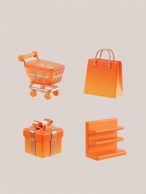 4个不同商城元素的集合，规整排布，每个元素都采用半透明渐变橙色塑料材质，带有金属光泽的细节，高光和阴影表现清晰，具有圆润的边角和可爱的造型，纯色背景，第一个是橙色购物车，第二个是橙色购物袋，第三个是橙色礼盒，第四个是橙色货架，整体风格统一，色彩和谐，适合作为商城系列素材预览效果