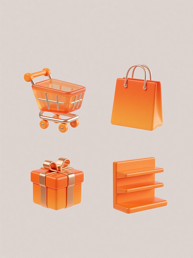 4个不同商城元素的集合，规整排布，每个元素都采用半透明渐变橙色塑料材质，带有金属光泽的细节，高光和阴影表现清晰，具有圆润的边角和可爱的造型，纯色背景，第一个是橙色购物车，第二个是橙色购物袋，第三个是橙色礼盒，第四个是橙色货架，整体风格统一，色彩和谐，适合作为商城系列素材
