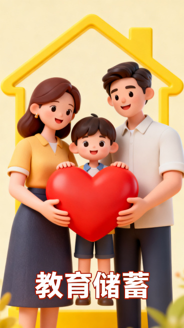 3D插画风，一家三口：爸爸妈妈和孩子，共同捧着一颗红心，背景是黄色房子轮廓，底部有文字"教育储蓄"，温馨暖色调，和参考图风格一致预览效果