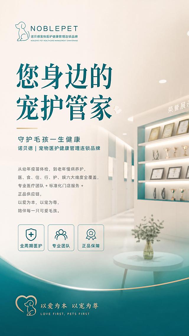 品牌宣传海报，诺贝德宠物医护健康管理连锁品牌，风格为高级质感大牌风，主色调#007175搭配浅米色，减少杂乱元素，强化留白，突出标题层级，画面排版精美，整体呈现简约高级质感。画面文字：主标题"您身边的宠护管家"，副标题"守护毛孩一生健康 诺贝德｜宠物医护健康管理连锁品牌"，正文"从幼年疫苗体检，到老年慢病养护，医、食、住、行、护、娱六大维度全覆盖，专业医疗团队 + 标准化门店服务 + 正品供应链，以爱为本，以宠为尊，陪伴每一只可爱毛孩"，底部装饰文案"以爱为本 以宠为尊"，卖点标签"全周期医护" "专业团队" "正品保障"。背景采用浅米色搭配主色调#007175渐变，使用门店环境做柔和背景虚化，保留品牌空间感，画面比例9:16