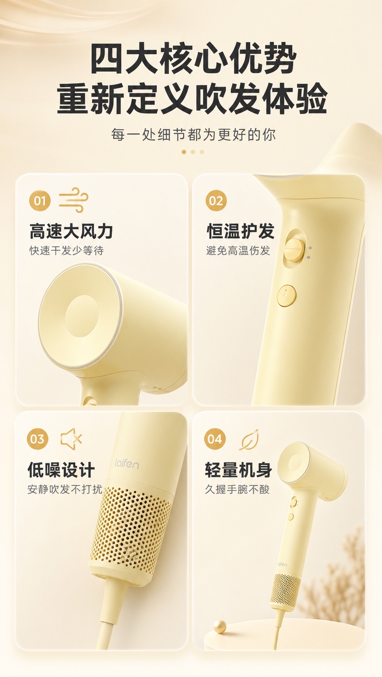 [商品] 使用【图1】奶黄色简约吹风机；保留机身结构、颜色、按… - 图片创意预览
