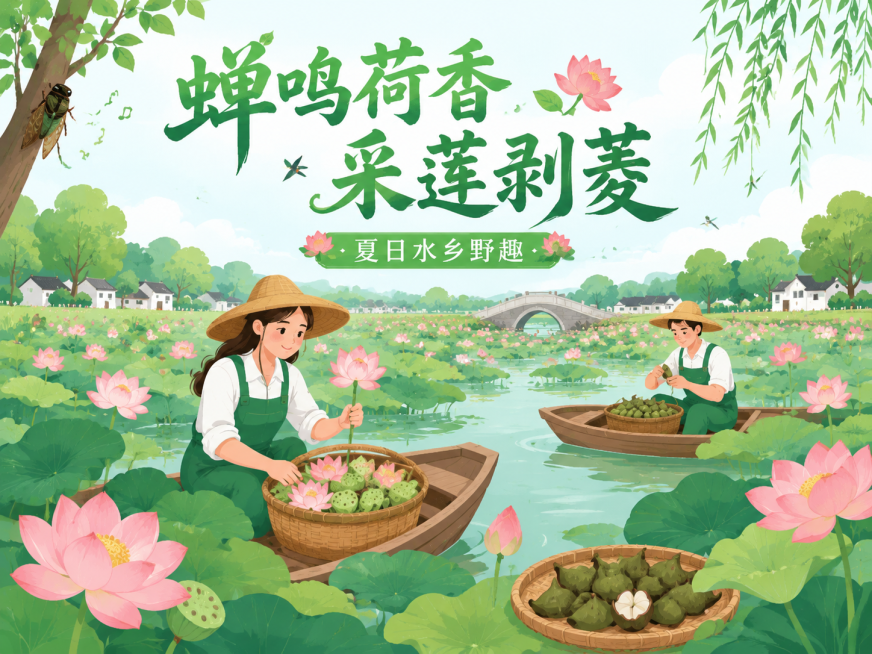 扁平插画风格，"蝉鸣荷香，采莲剥菱 —— 夏日水乡野趣"主题海报，夏日水乡荷塘场景，包含采莲人物、荷花、菱角、鸣蝉元素，绿色清新配色，保持和参考图一致的扁平插画风格，画面顶部添加艺术字文案预览效果