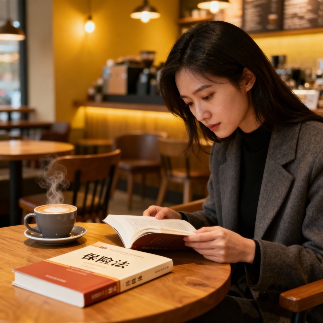 你给我生成一个咖啡厅看保险法的女性吧预览效果